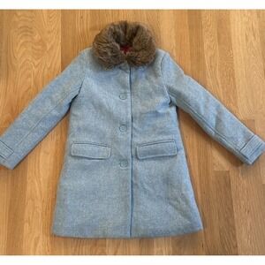Mini Boden Blue Youth Girls Wool Blend Coat Faux Fur Collar Floral Lined 9/10Y